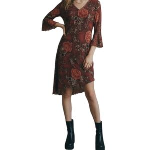 Vintage 90s Burgundy Floral asymmetrical bell sleeved Hippie dress